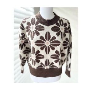 Floral Jacquard Crewneck Sweater in Brown and Cream